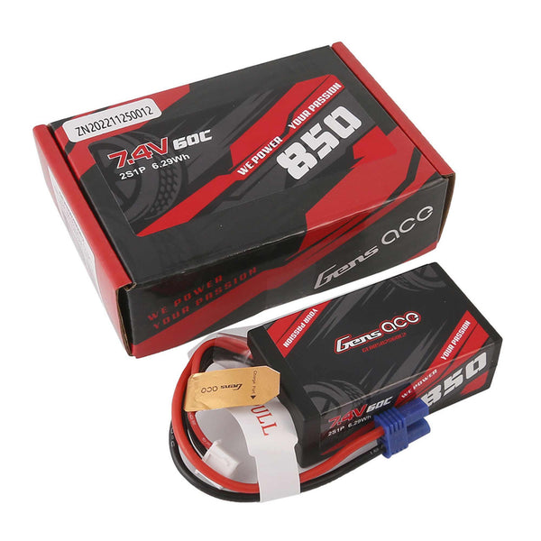 GensAce 7.4V 850mAh 2S 60C Hard Case Lipo Battery: EC2