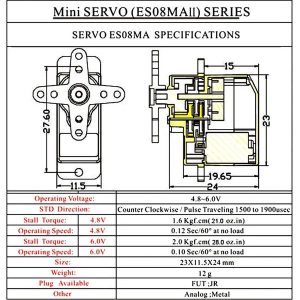 INJORA EMax ES08MA II 12g Analog Metal Gear Servo With Mount & Black Brass Arm For Axial SCX24 AX24