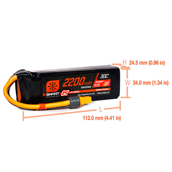 Spektrum 11.1V 2200mAh 3S 30C Smart G2 LiPo Battery: IC3